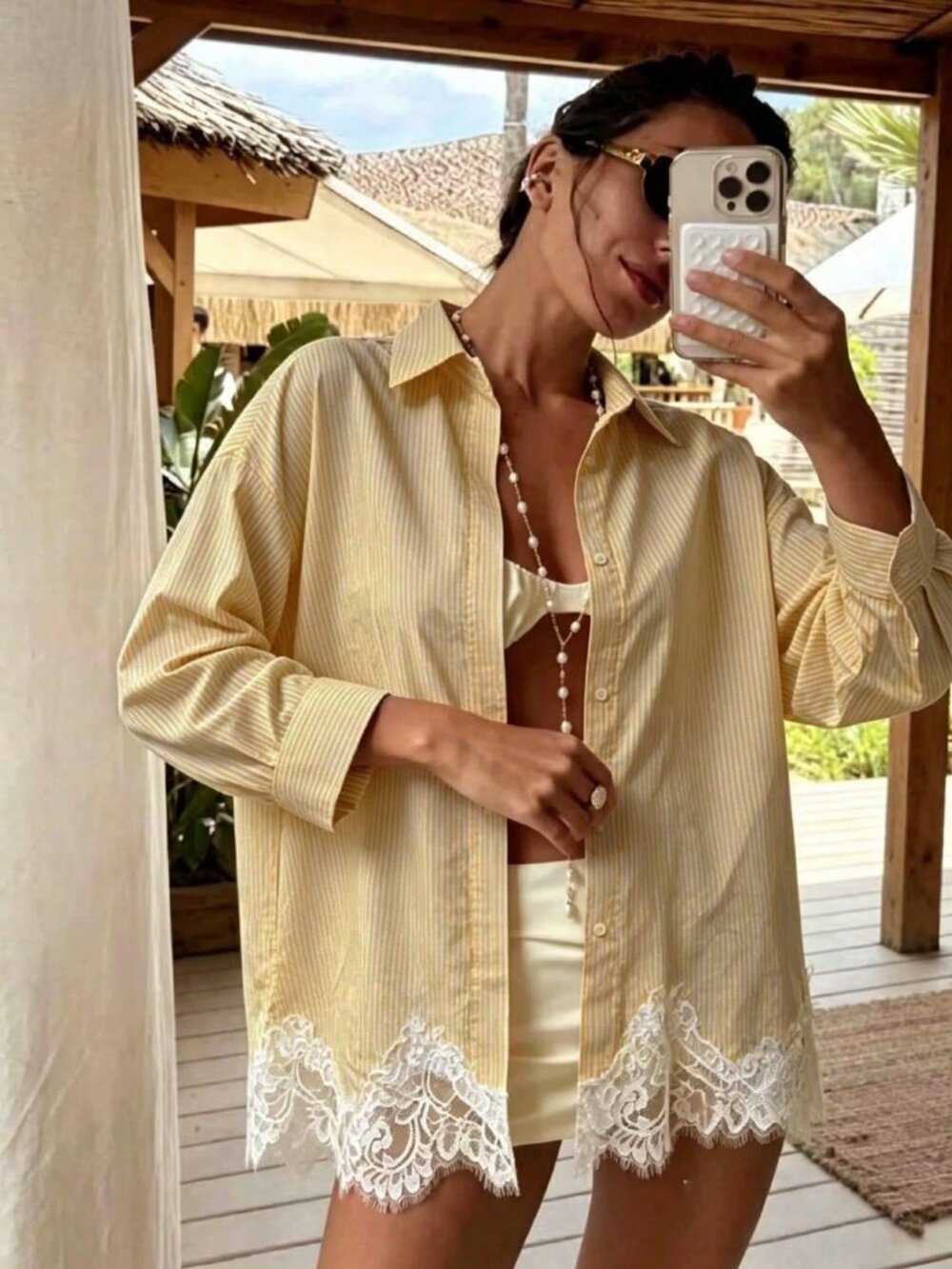 Yellow Casual Women's Loose Striped Lace lace detailed Blouse Shirt - Picture 2 of 3